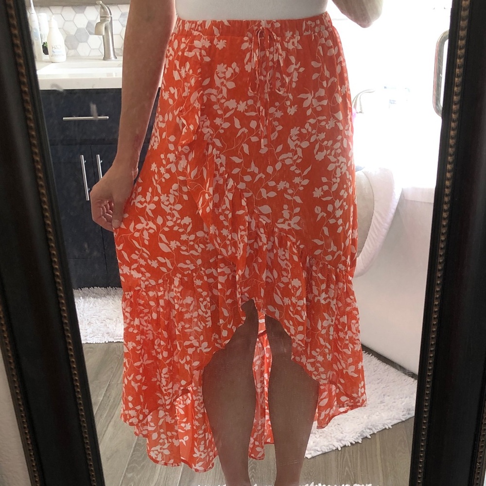 Pink Lily orange floral high low maxi skirt
